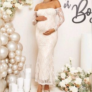Off-Shoulder Lace Maternity Dress - White Pregnancy Dress for any occasion